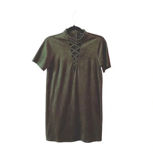 Forever 21 Olive Green Velvet Strappy Neck Mock Neck Mini Dress Small Women’s